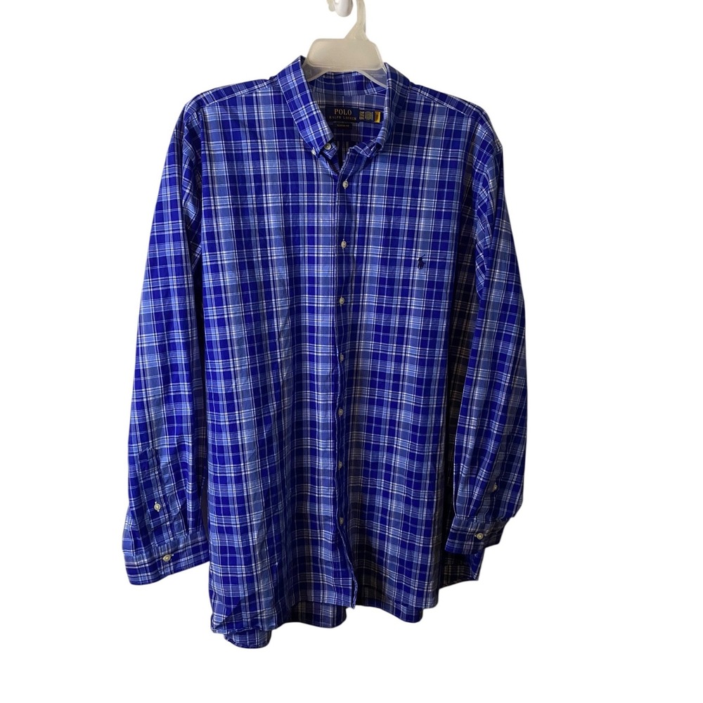 Polo Ralph Lauren Men 2XB Blue White Plaid Classic Fit Button Down Shirt Stretch